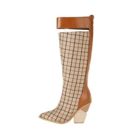 

Egmy Ladies Super High Heel Colorblock Pointed High Boots Brown 6(37)