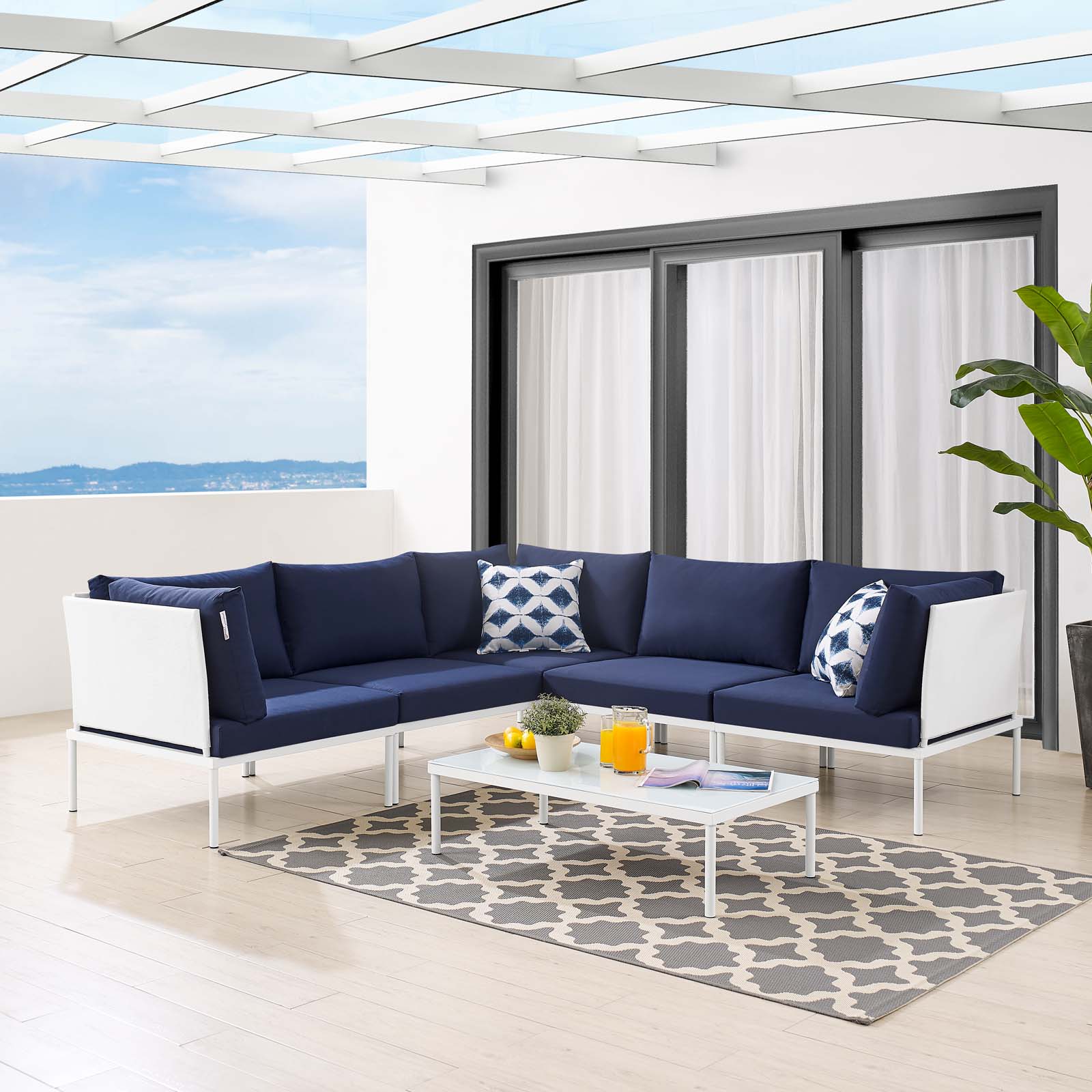 Lounge Sectional Sofa Chair Table Set, Sunbrella, Aluminum, Metal, Steel, White Blue Navy, Modern Contemporary Urban Design, Outdoor Patio Balcony Cafe Bistro Garden Furniture Hotel Hospitality - image 2 of 10