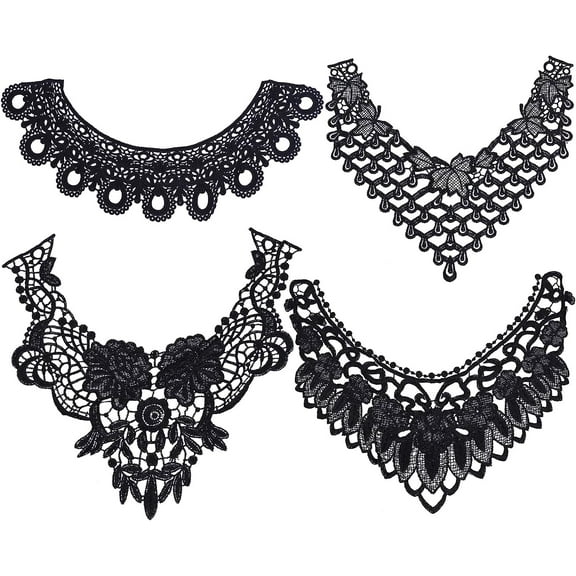 4 Size 4PCS Neckline Applique Collar Patch Embroidered Floral Lace Fabric Trim Clothes Sewing Patch Edge Flower for Costume Sewing DIY Wedding Accessory(Black)