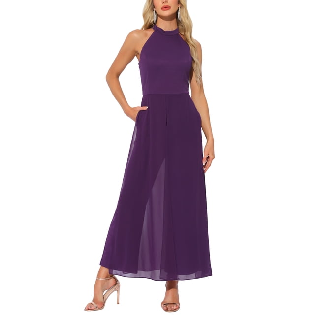 MONO ELEGANTE PARA MUJER con cuello halter, sin mangas, elegante, formal, de pierna ancha, talla XS, púrpura oscuro