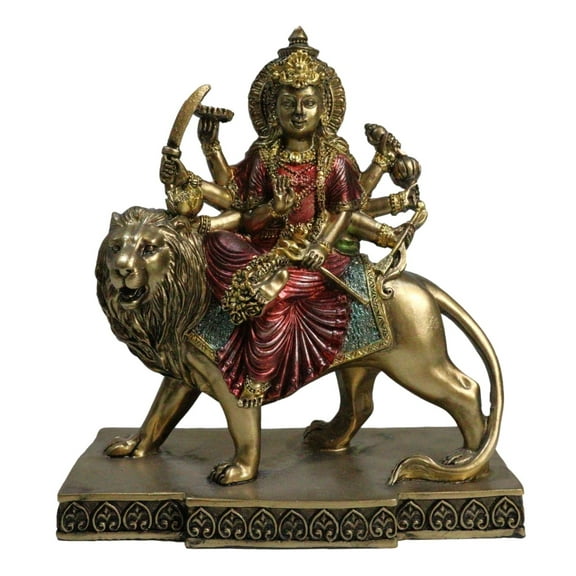 Hindu Goddess Durga Wearing Red Sari With Weapons Riding On Lion Figurine