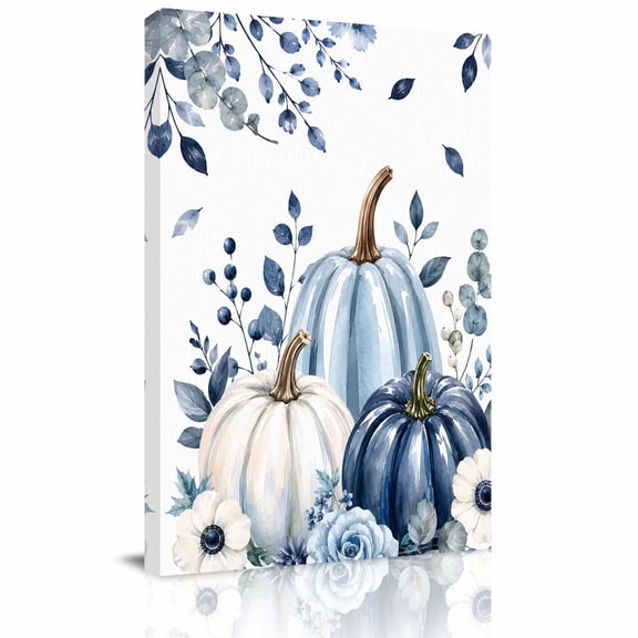 Canvas Wall Art, Fall Blue Pumpkins Framed Canvas Prints for Bedroom Bathroom, Thanksgiving Floral Rustic Eucalyptus Gallery Wrapped Wall Decor for Home Office, Gifts, 11"x14" Ship Next Day