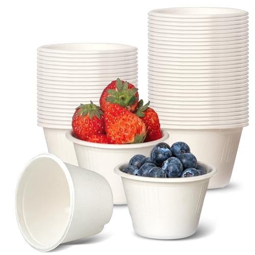 Fit Meal Prep 100 Pack 4 oz 100% Compostable Disposable Condiment Cups, Biodegradable Bagasse Fiber Dipping Sauce Cups, Eco-Friendly for Sample, Snack, Souffle, Portion, Tasting, Microwave Safe