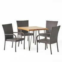 GDF Studio Dalupiri Outdoor Acacia Wood and Wicker 5 Piece Dining Set, Teak and Multibrown