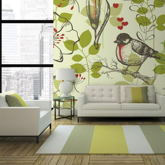 Tiptophomedecor Animal Wallpaper Wall Mural - Bird And Lilies Vintage Pattern