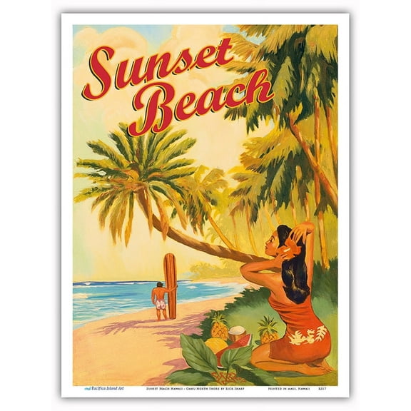Sunset Beach Hawaii - Oahu North Shore - Surfer - Vintage Hawaiian Travel Poster by Rick Sharp - Master Art Print (Unframed) 9in x 12in