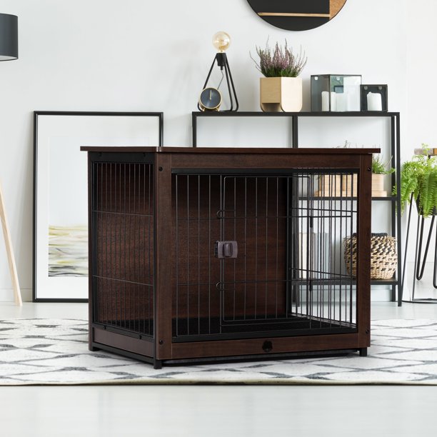 Tingmengte Indoor Dog Crate,Furniture with Cushion,2Tier Wooden Pet Cage with Removable Tray
