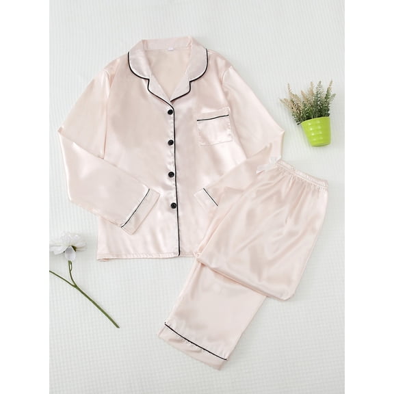 Cute Pajama Sets for Women Silk Satin Button Solid Color Print Long Sleeve Top And Pant Pj Set Loungewear Soft Two Piece Holiday Sleepwear Sets Beige L