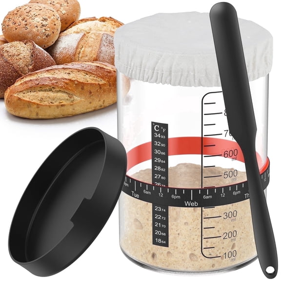 Sourdough Starter Kit 1000ml Wide Mouth Glass Sourdough Starter Jar with Aluminum & Cloth Lid, Silicone Spatula, Thermometer Strip, Feeding Tracking Band for Baking