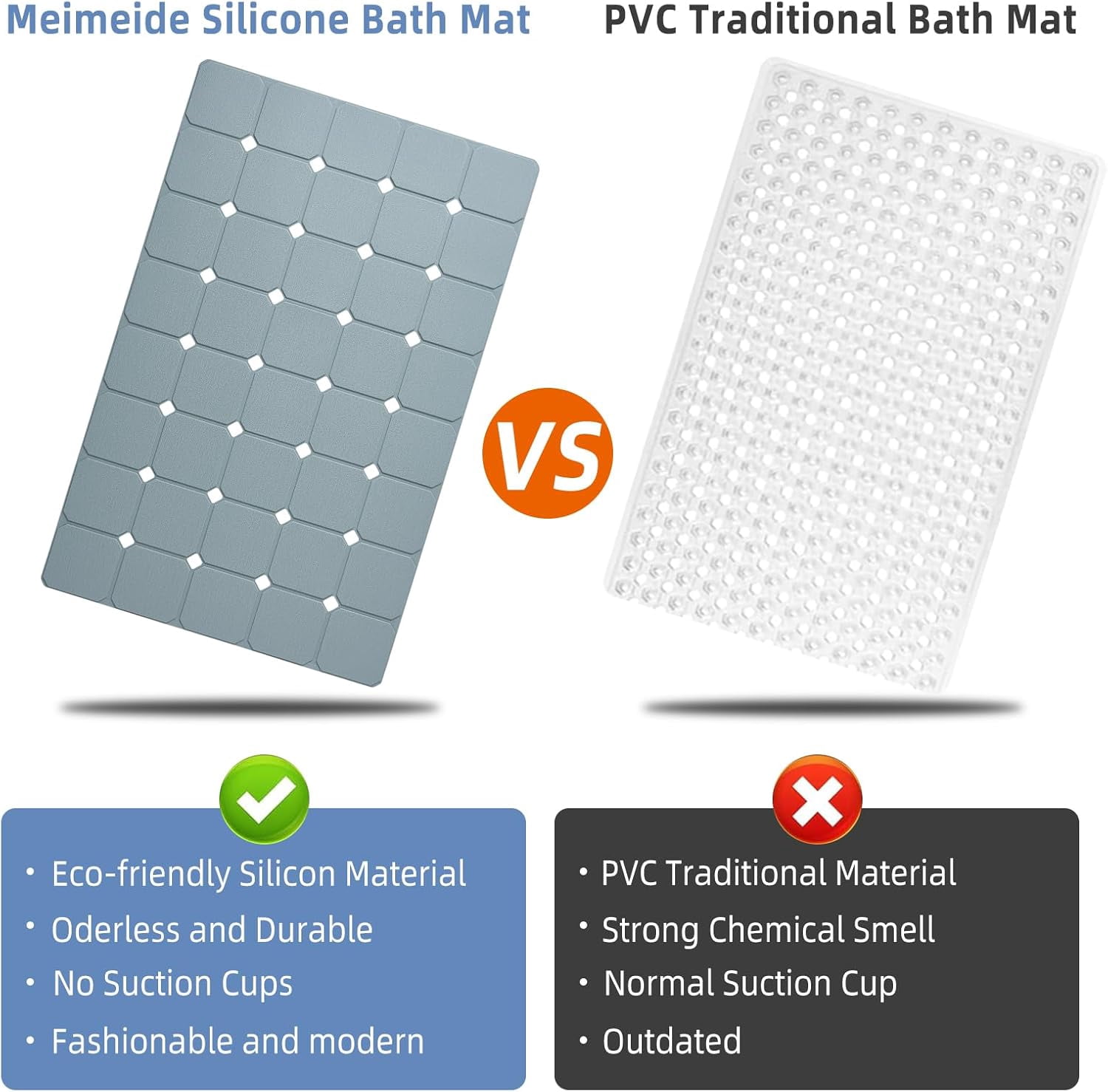 Non Slip Silicone Soft Odorless Bath Mat No Suction Cups for Refinished,Textured and Reglazed Tub Shower Mats Non-Slip 18 X 28Inch Grey