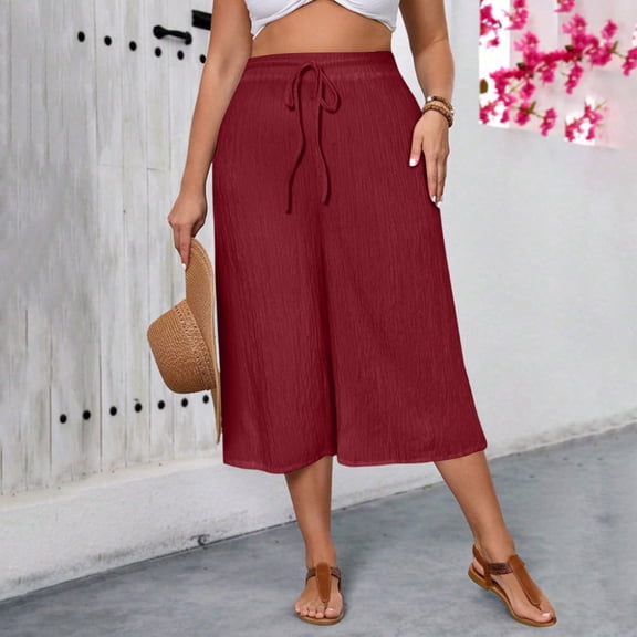 Costeam Womens Crinkle Textured Capri Culotte Pants Drawstring Elastic High Waist Dual Side Pockets Lightweight Solid Color Loose Casual Cropped Trousers