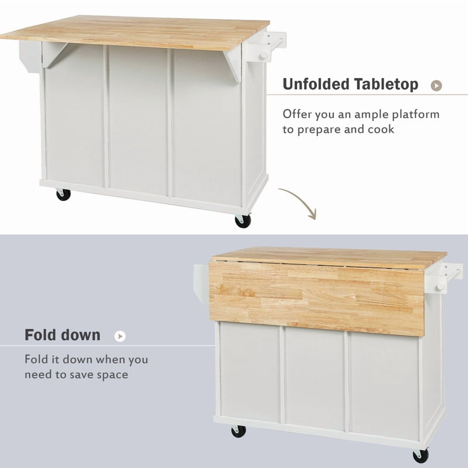 HICOMILA Kitchen Island Cart with Drop Leaf, Rolling Kitchen Island on Wheels with Storage Cabinet, Rubber Wood Countertop, 5 Drawers & Cabinet Door Storage Racks, White
