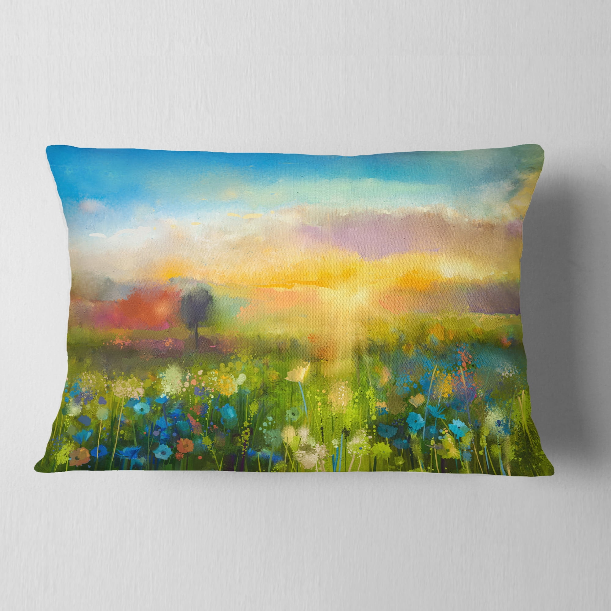 Designart Sunset Meadow Landscape - Contemporary Throw Pillow - 12x20