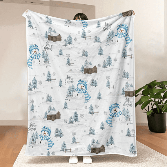 Christmas Flannel Blanket Throw, Blue Snowman Pine Snow Soft Fuzzy Plush Cozy Fleece Blankets for Couch Sofa Bed Lounging