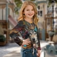 thumbnail image 3 of Xixirimido Wolf Butterfly Floral Pattern Girls Long Sleeve Shirt Kids Crewneck T-Shirts Trendy 3D Graphic Tie-hem Cute Tees for Fall Winter, Size 5-6, 3 of 7