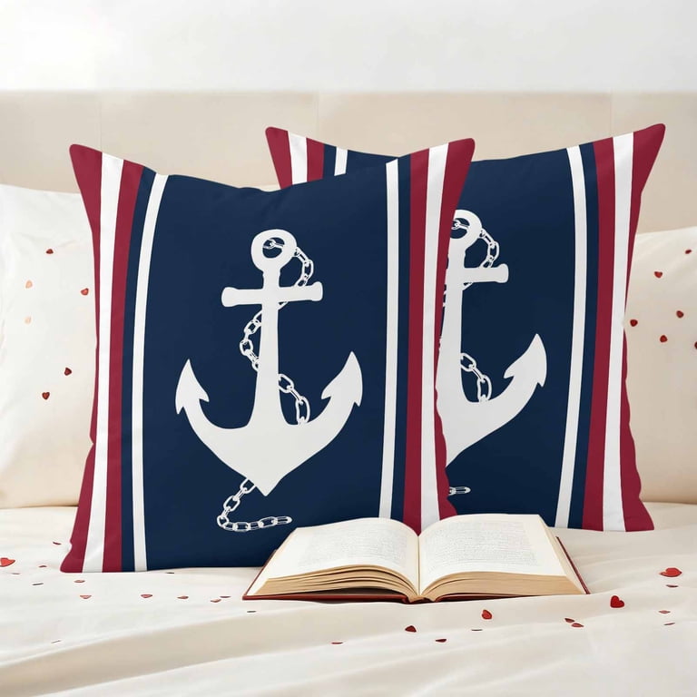 Navy Blue Red Stripe Outdoor Waterproof Pillow Covers, Coastal