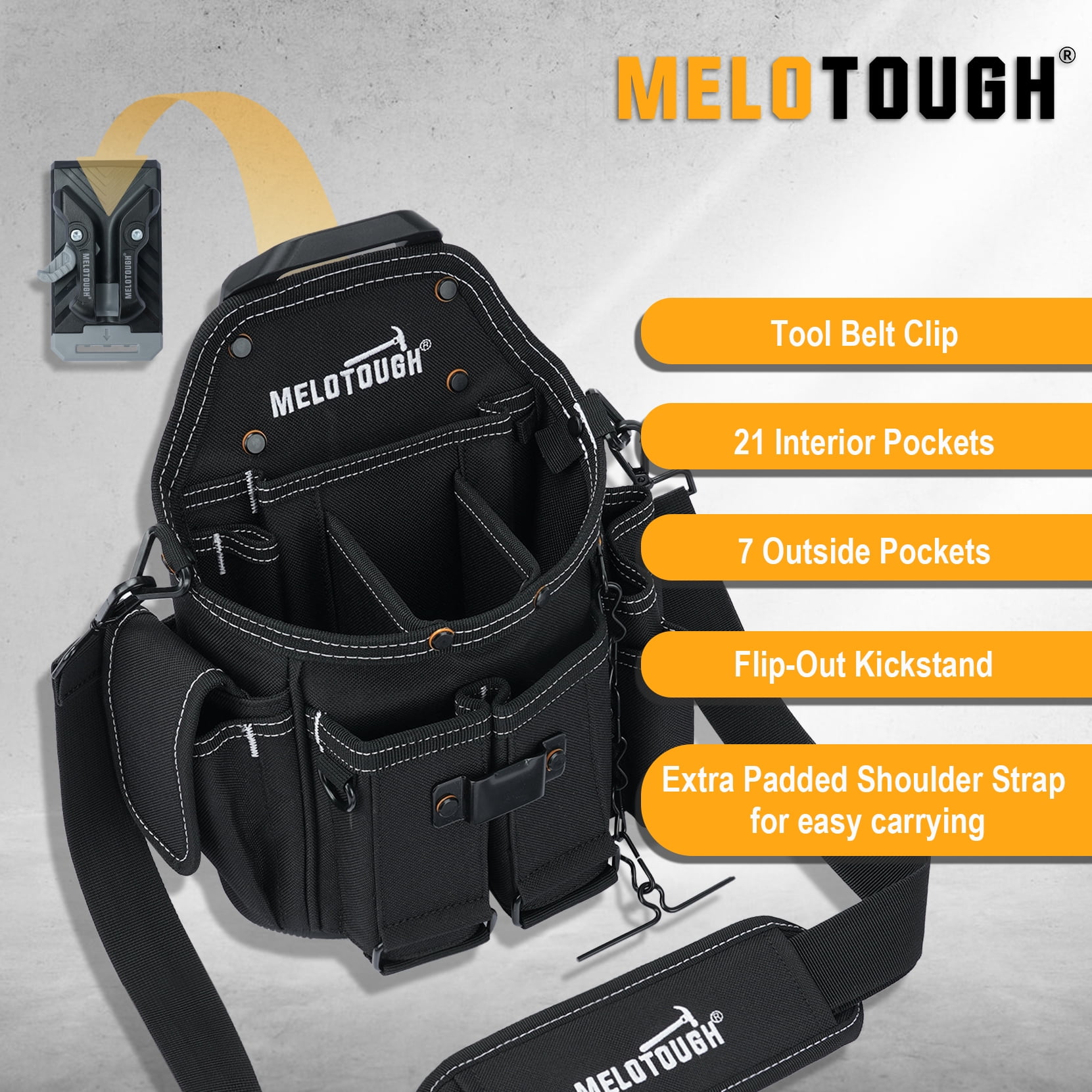 MELOTOUGH Professional Small Electrician Tool Pouch for Tool Belt Pockets with Belt Clip Attachment Pockets Tradesman Tool Bag Pouch with Tape Thong Tool Holster