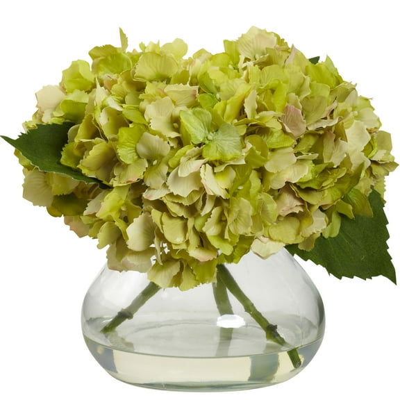 Nearly Natural Blooming Hydrangea Artificial Flowers with Vase, Green