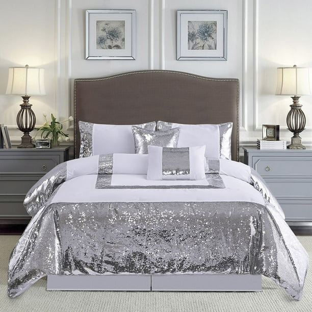 5 Piece Glitter Flip Sequins Comforter, Shimmer Sequin Silver Duvet Cover Set