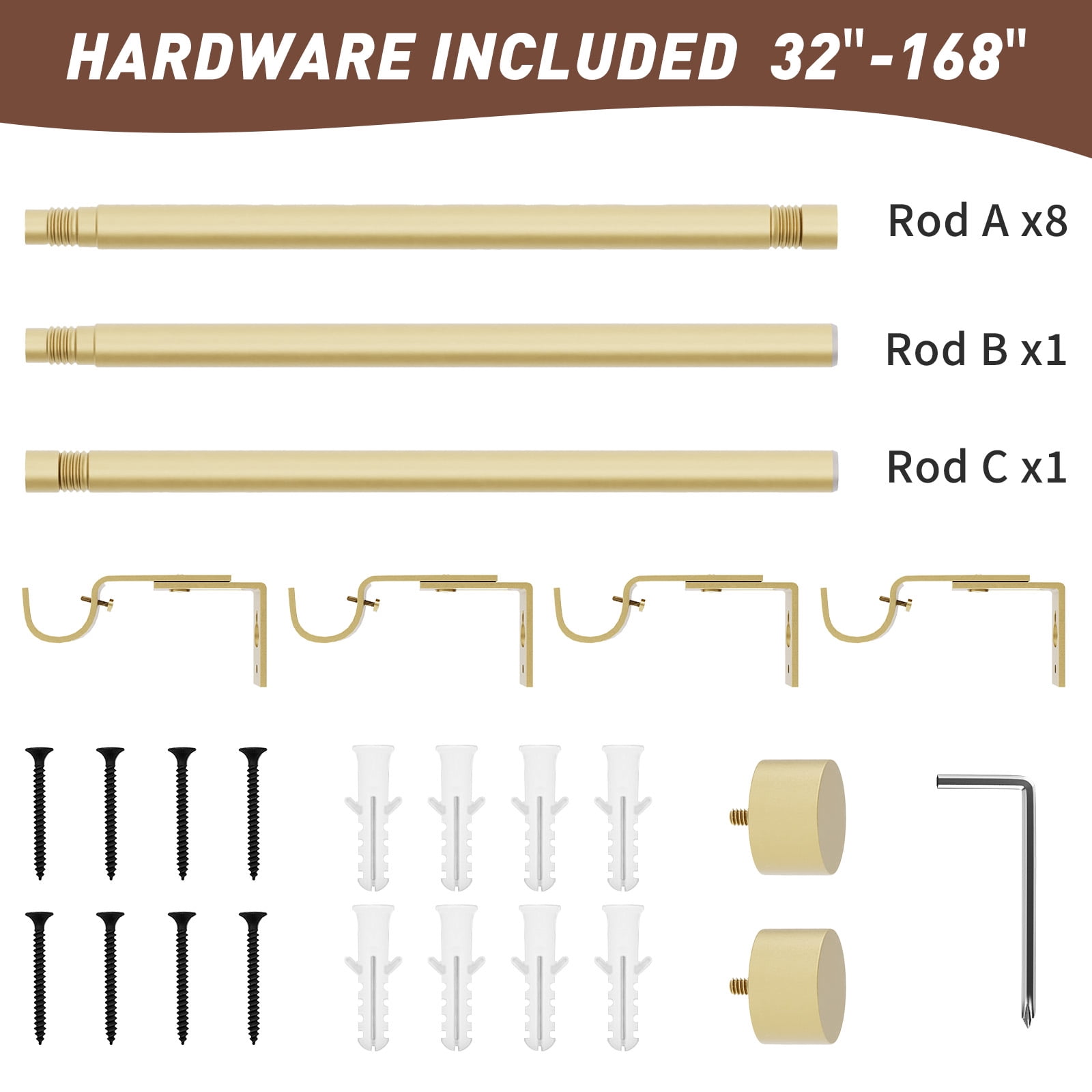 32"-168" Curtain Rods,1 inch Diameter Single Curtain Rod Set,Heavy Duty Curtain Rods with Aluminium Finials,Gold