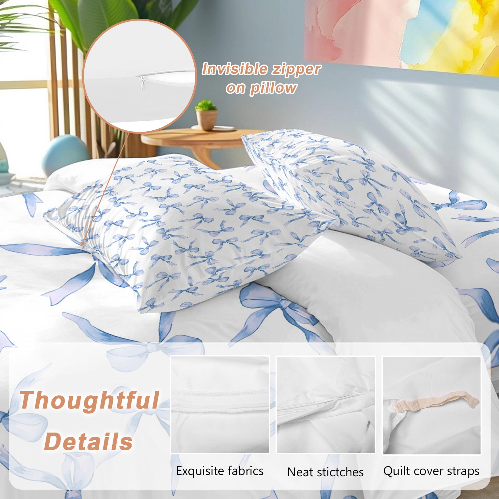 Blue Bow Queen Duvet Cover Set, Watercolor Bow 4 Piece Microfiber Bedding Set with Zipper Closure, Bed Sheet and 2 Pillow Shams, Soft Bedding Cover
