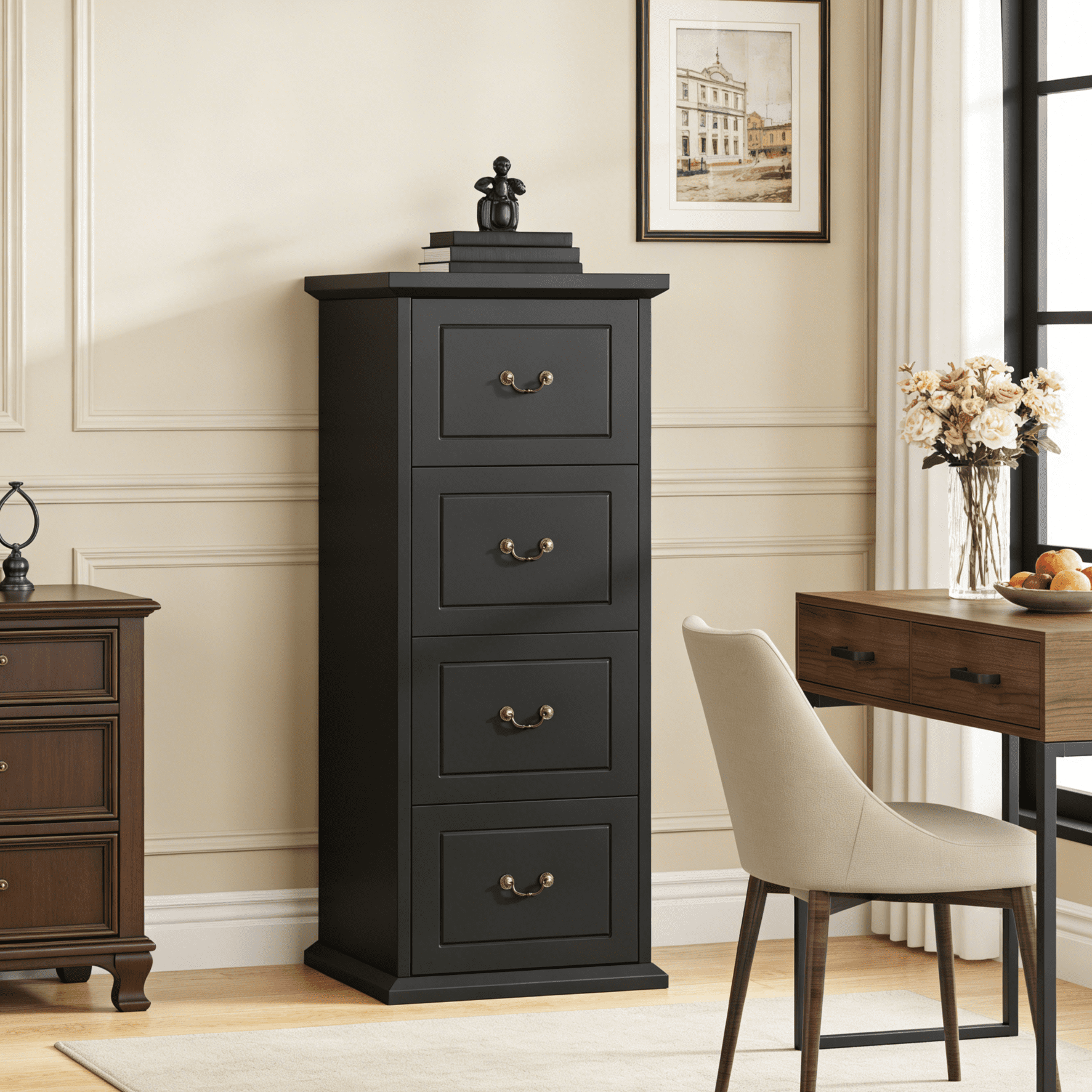 Fnova 4-Drawer File Cabinet, Tall Wood Filing Cabinet for A4/Letter Size, Large Office Drawer Chest, Rustic Storage Organizer Unit for Home Office, Black