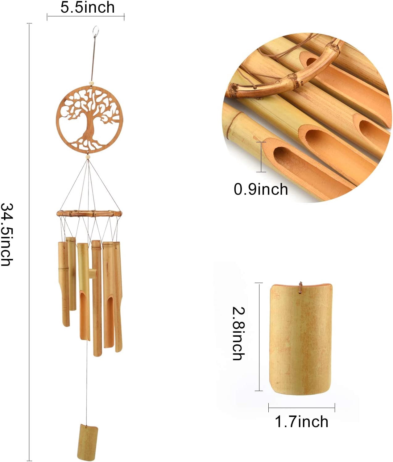 Bamboo Wind Chimes, Tree of Life Wooden Wind Chime Kit Natural Decor Music Soothing Wind Bell Hanger Wind Chime Tubes Clearance Gifts for Garden, Outdoor, Outside, Patio and Home(34.5 inches)