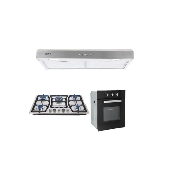 Campana de cocina acero inoxidable 80cm Thory, Parrilla de gas 5 quemadores acero inoxidable 76cm Vignus, Horno de gas empotrable encendido electrico 65L 60cm Motrix Odipo Thor 80 + Vignus + Motrix HORNO GAS