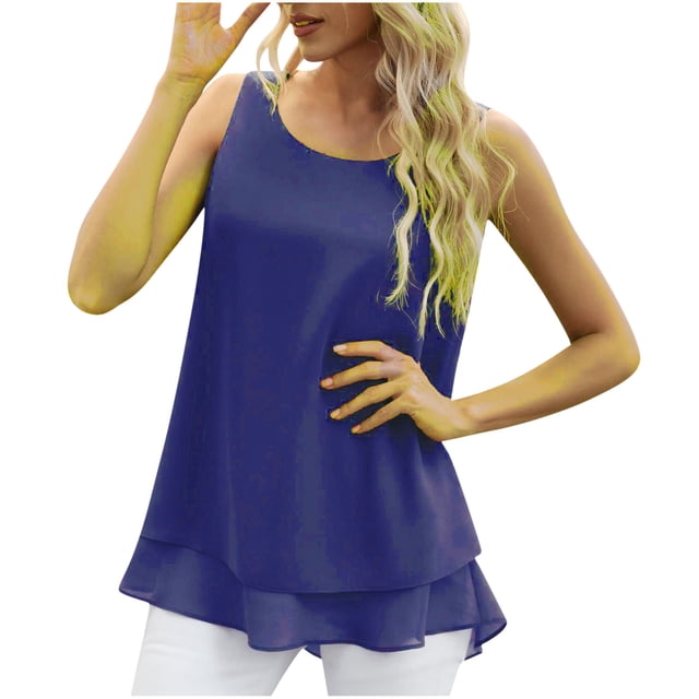 Kovlvoll Plus Size Tops for Women Crew Neck Sleeveless Summer Lightweight Solid Color Loose T-Shirt Tank Top