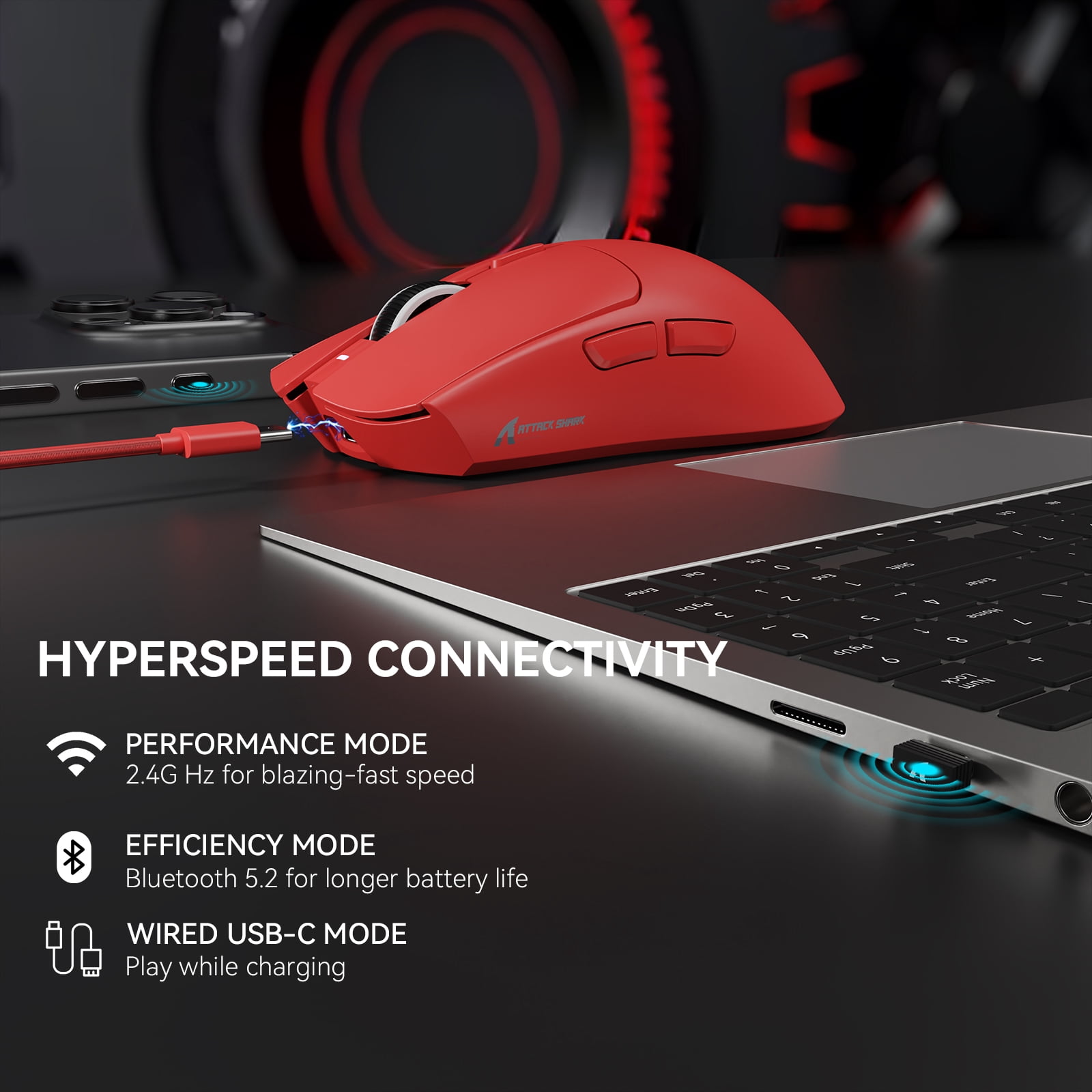 ATTACK SHARK X1 Gaming Mouse with Magnetic Charging Dock, PixArt PAW3395PRO Gaming Sensor, 40000DPI, BT/2.4G Wireless/Wired, 49g SUPERLIGHT Mouse, 100M Optical Microswitches for PC/Xbox/PS/Mac -Red