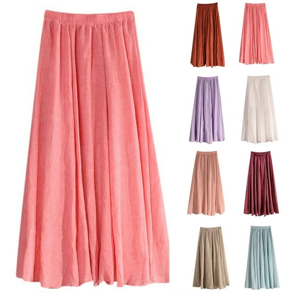 Ashirexll Summer Skirts for Women, High Waisted Skirts for Women, Women's Summer A-line Pleated High Waist Skirt Plus Size Casual Elastic Waist Long Skirt