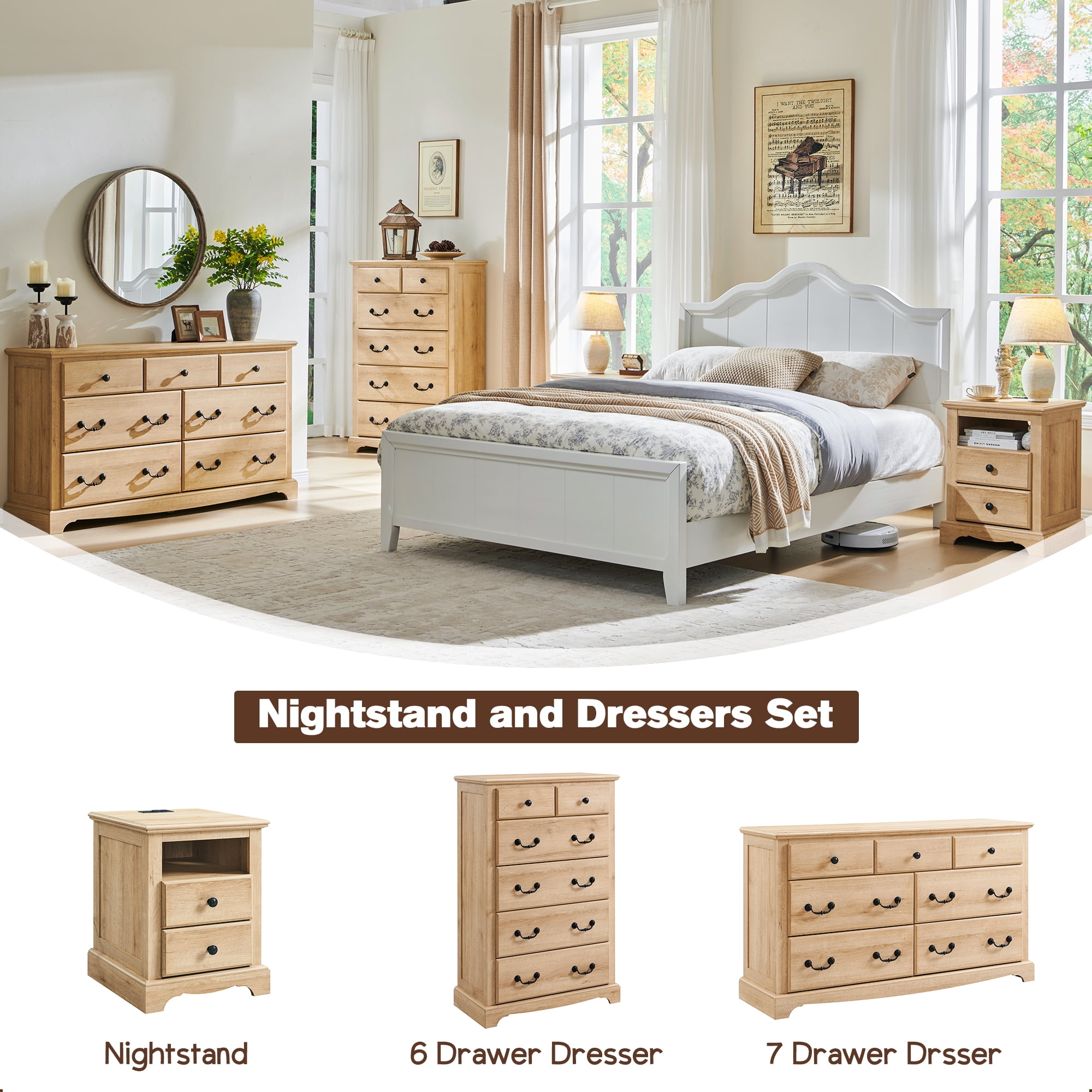 OKD Nightstand with Charging Station, End Table with 2 Drawers, Wood Rustic Bedside Tables with Open Storage Shelf，Natural Oak