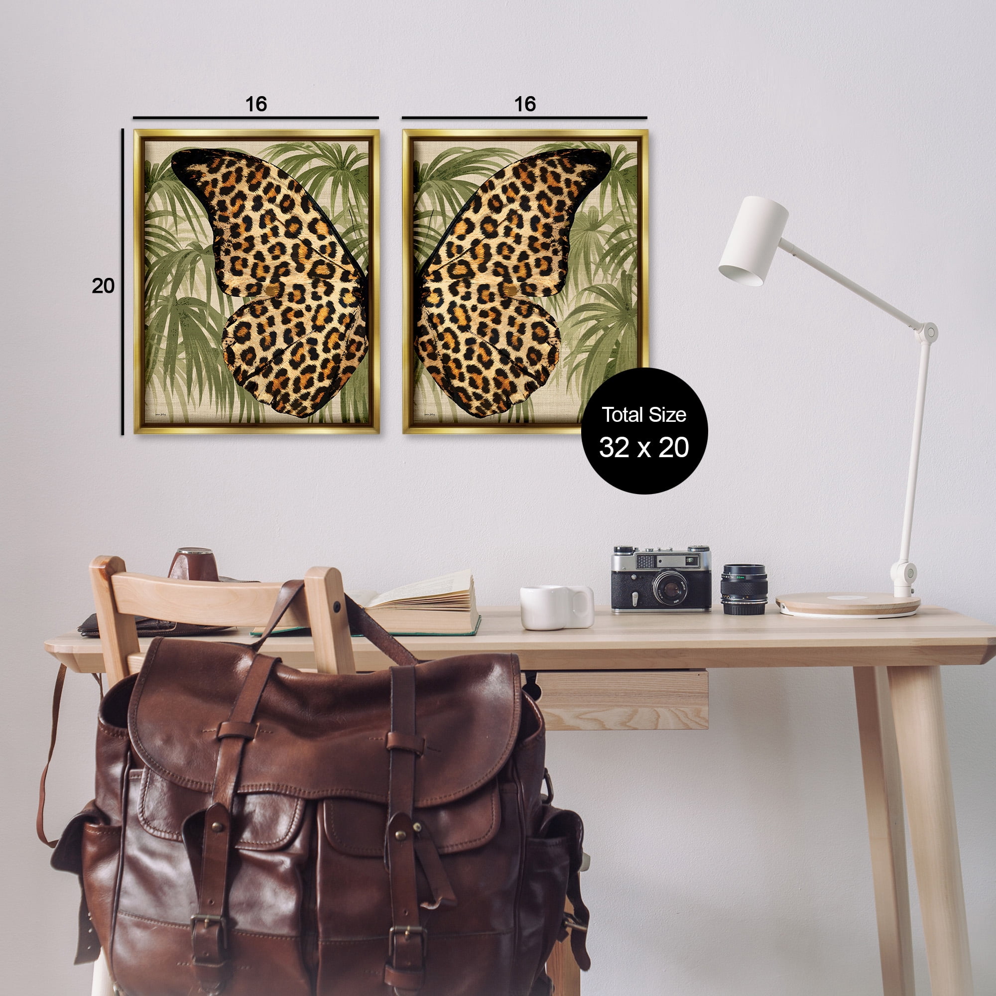 Stupell Industries Cheetah Butterfly Wings Animals & Insects Painting Gold Floater Framed Canvas Art Print Wall Art, 17 x 21, Set of 2