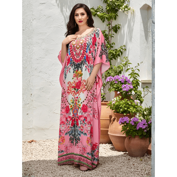 Oussum Plus Size Satin Kaftan Dress Vacation Boho​ Maxi Loose Fit Loungewear Caftan Fit Up to 1X to 3X