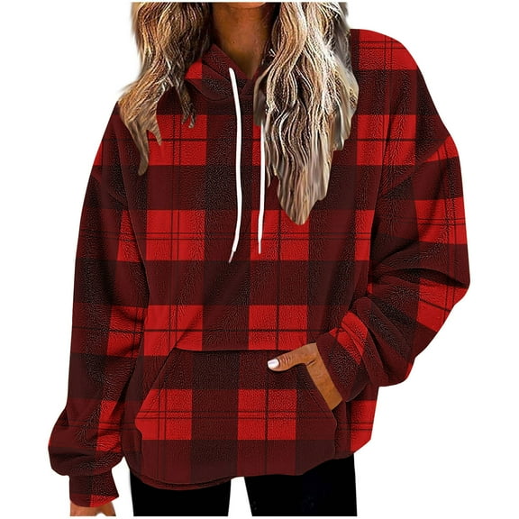 Fuzzy Hoodies for Women Classic Plaid Hooded Sweatshirt Pocket Sherpa Fleece Loose Sweater Pullover Christmas Tops (XL, Red)