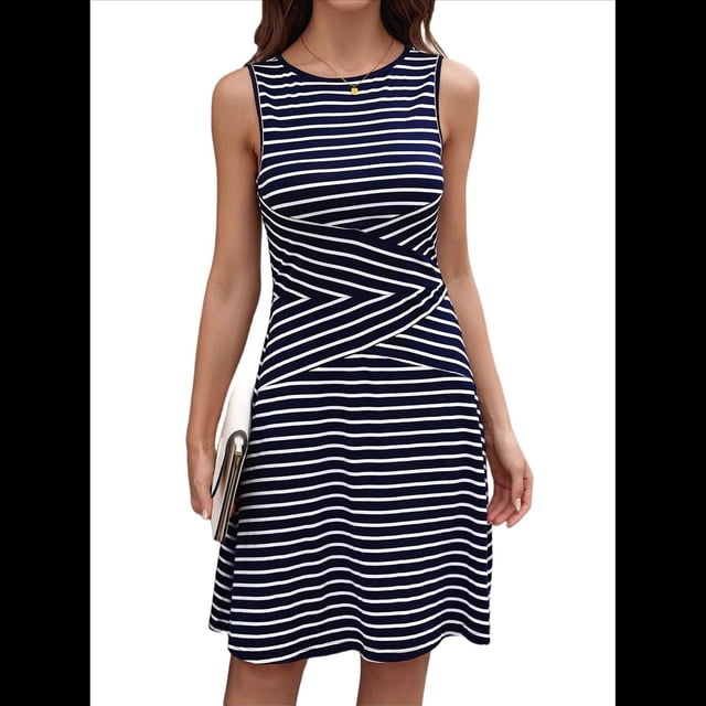 Vestidos Casuales para Mujer 2025, Minivestidos A Rayas Sin Mangas, Cintura Alta, Corte A. Azul Marino XL