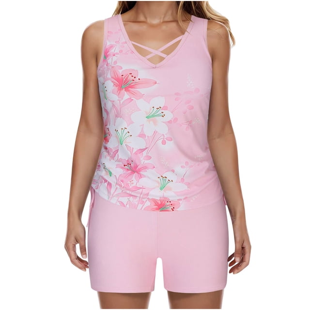 Plus Size Swimsuits Women 2 Pc Pcstrappy Back Print Bathing Suits with Shorts 1 Set