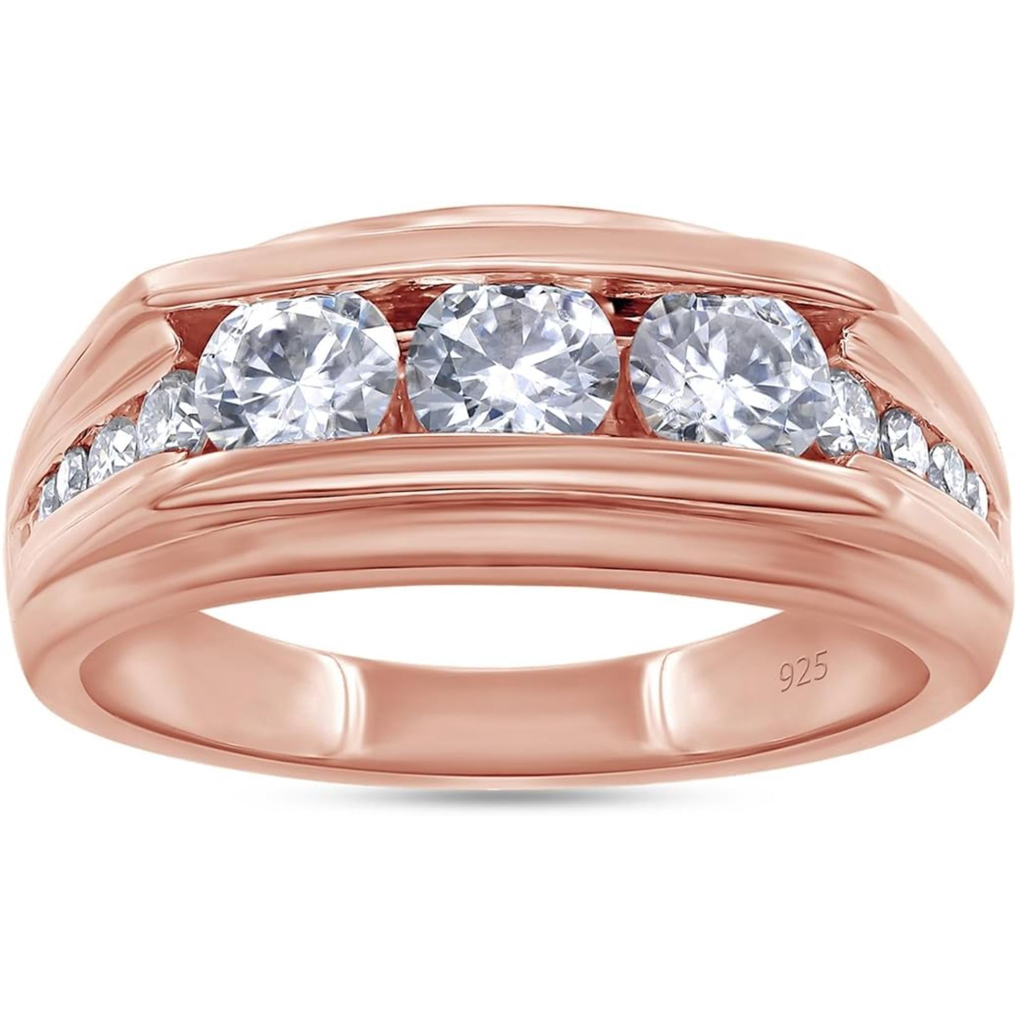 925 Sterling Silver 14K Rose Gold Finish Round Cut White Diamond Three Stone Men's Anniversary Wedding Band Ring
