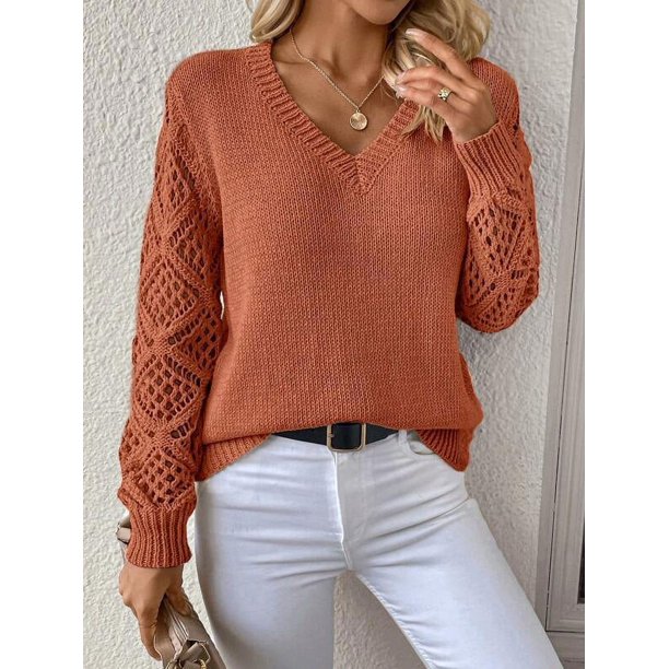 Suéteres casuales de moda 2024, tops para mujer, suéter de punto con cuello en V sólido, jersey de punto de otoño