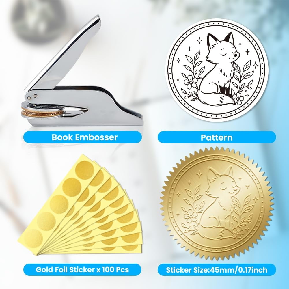 Animal Book Embosser Personalized Fox Pattern Book Stamp Durable Library Stamp with Handle Set
