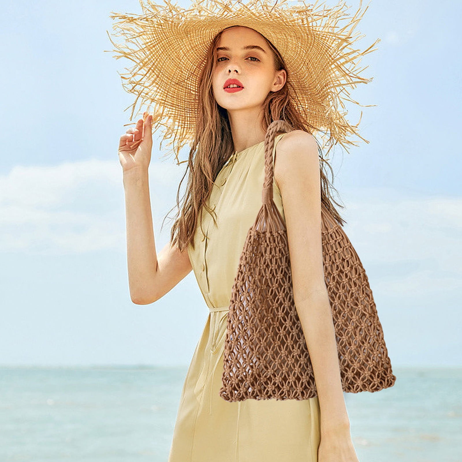 Specollect Clearance 4Pcs Crochet Backpack Flap Drawstring Shoulders Bag Summer Beach Woven Tote Bag, Straw Rattan Raffia Bucket Bag, Handmade Basket Handbag