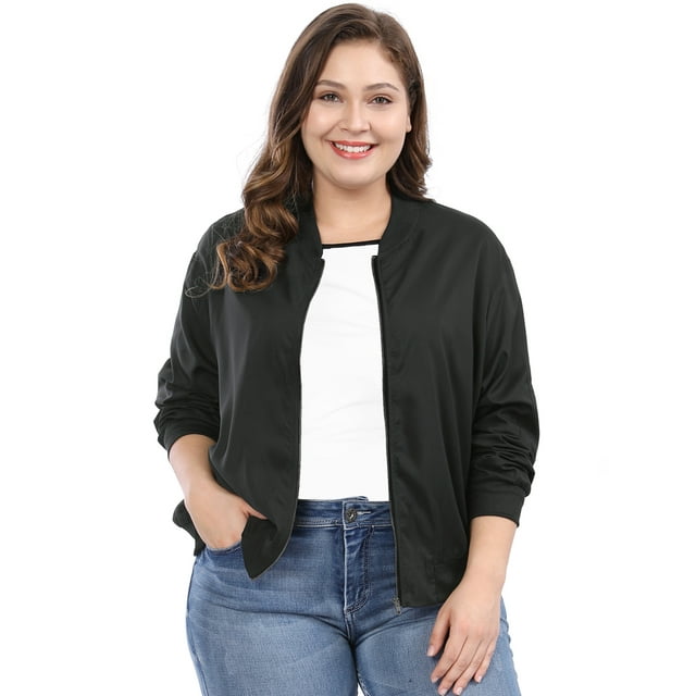 GRACE & GRANDEUR Women's Plus Size Contrast Trim Zipper Hip Length Bomber Jacket