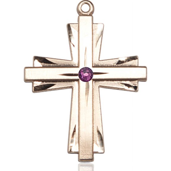 14kt Yellow Gold Cross Medal with 3mm February Purple Swarovski Crystal 1 1/4 X 7/8 inches