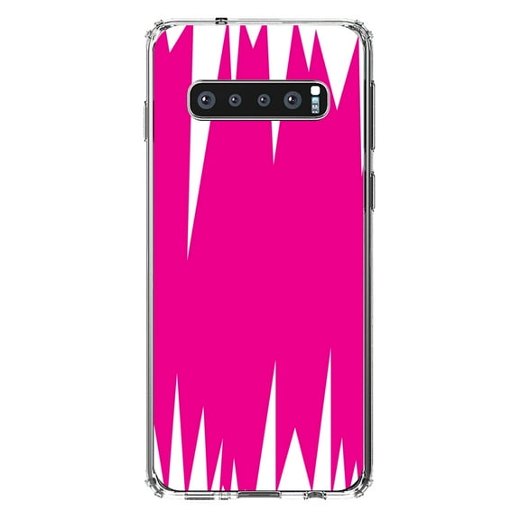 DistinctInk Clear Shockproof Hybrid Case for Samsung Galaxy S10 (6.1" Screen) - TPU Bumper, Acrylic Back, Tempered Glass Screen Protector - Neon Pink White Spikes