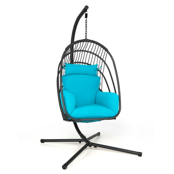 Costway Hanging Folding Egg Chair with Stand Soft Cushion Pillow Swing Hammock Turquoise