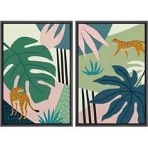 IDEA4WALL Framed Canvas Print Wall Art Set Jungle Cheetahs with Tropical Monstera Leaves Modern Wall Decor Bohemian Nature Artwork for Living Room, Bedroom, Office - Black 24"x36"x3