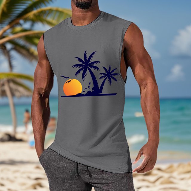 HUITKMM Tank Top Men's Summer Fashion Coconut Sunset Vest Design Wind Vest