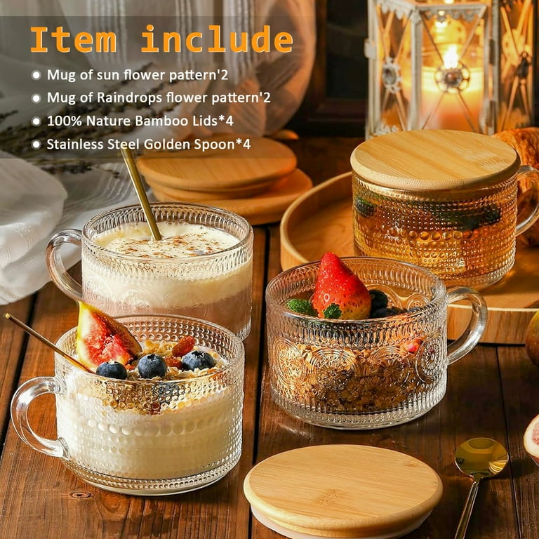 (2 pack) TINANA Vintage Coffee Mugs: 4 pack Clear Embossed Glass Cups, 14oz  Overnight Oats Containers with Bamboo Lids and Spoons, Cute Coffee Bar ...