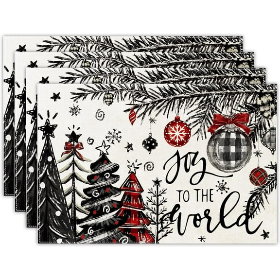 Christmas Placemats Set of 4, 12x18 Inch Christmas Tree Xmas Ball Table Mats Winter Joy to The World Seasonal Holiday Place Mat Table Decoration for Kitchen Dining Home Party Decor