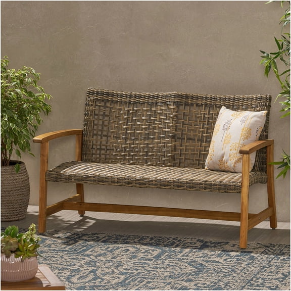 JERFIT Acacia Wood Wicker Loveseat, Natural Grey Outdoor Patio Furniture 2-Seater with Iron Frame